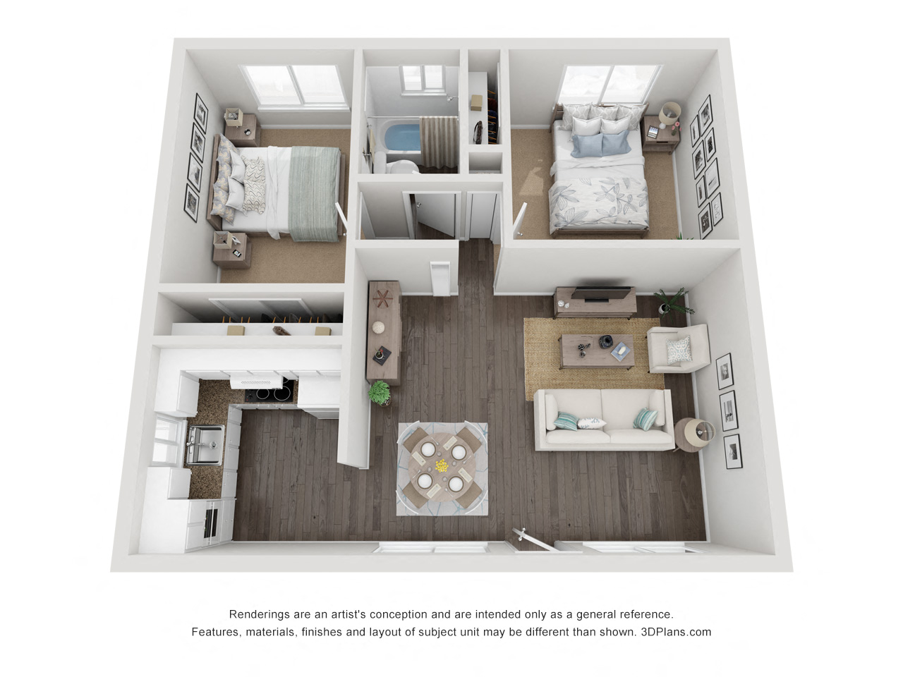 Floor plan for 2 beds, 1 bath, 482 sqft